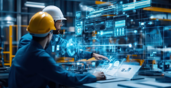 Manufacturing engineers using AI-powered holographic dashboard for industrial data analytics and ROI tracking in smart factory India 2026